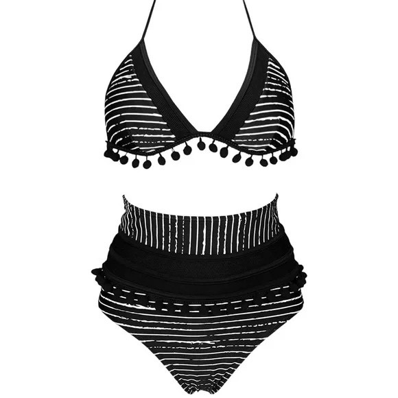 COCOSHIP Other - COCOSHIP Striped High Waist Bikini Set Tassel Trim Top Halter Straps Swimsuit